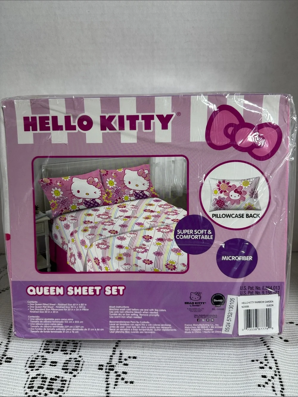 Hello Kitty Queen Size Bed Sheet Set Floral Rainbow Garden Flowers Bees